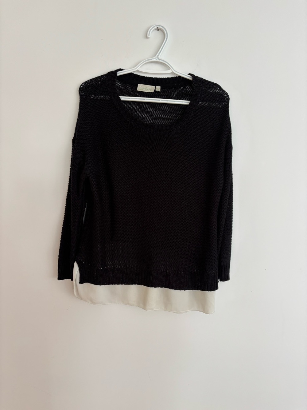 Pur Black Scoop Neck Sweater with Cream Hem